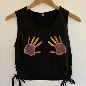 Black Ruched Crop Tank Top Graphic Handprint Print Size L